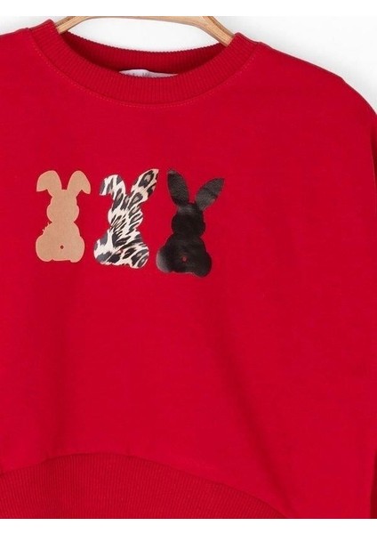 Kız Çocuk Pamuklu Orta Kalınlık Tavşan Baskılı Sweatshirt
