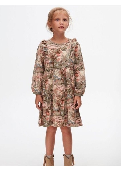 Kız Çocuk Pamuklu Çiçek Desenli Fırfırlı Elbise