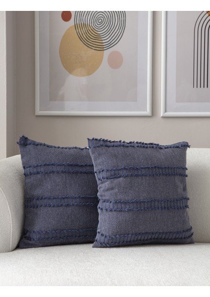 2'li Set Şerit Desen Bohem Punch Dokuma Kırlent Kılıfı Mavi