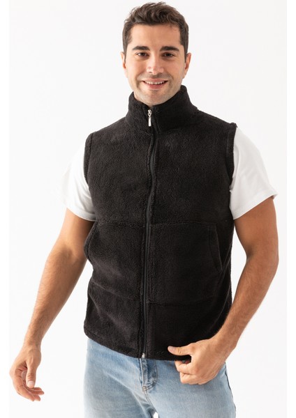 Erkek Siyah Kolsuz Astarsız Fermuarlı Peluş Yelek