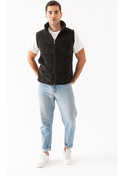 Erkek Siyah Kolsuz Astarsız Fermuarlı Peluş Yelek fiyatları