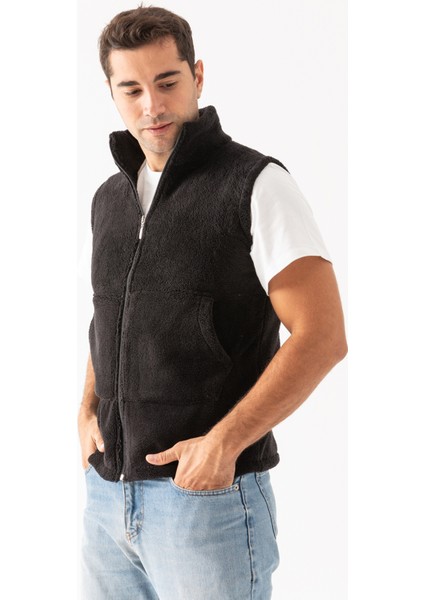 Erkek Siyah Kolsuz Astarsız Fermuarlı Peluş Yelek modelleri