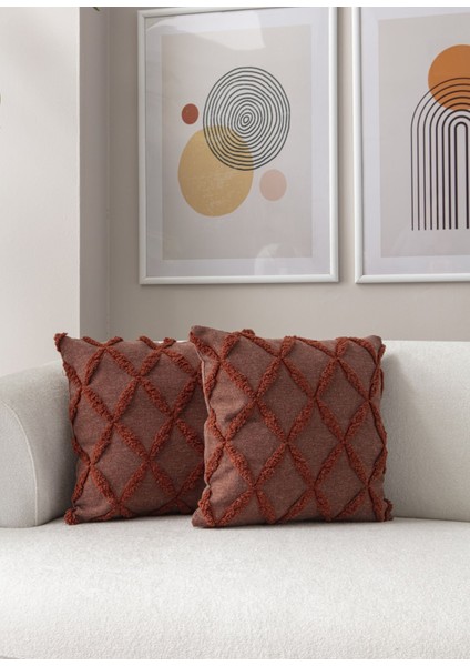 2'li Set Geometrik Desen Bohem Punch Dokuma Kırlent Kılıfı Kiremit