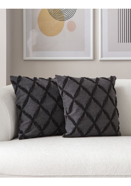 2'li Set Geometrik Desen Bohem Punch Dokuma Kırlent Kılıfı Siyah