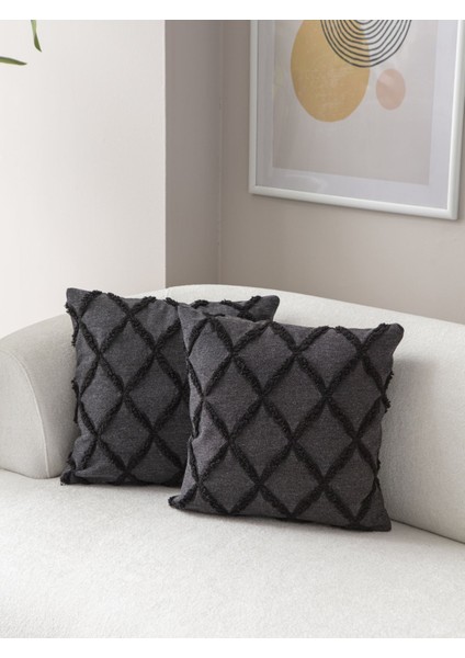 2'li Set Geometrik Desen Bohem Punch Dokuma Kırlent Kılıfı Siyah