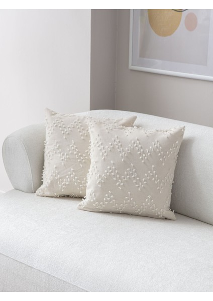 2'li Set Zigzag Desen Bohem Punch Dokuma Kırlent Kılıfı Krem