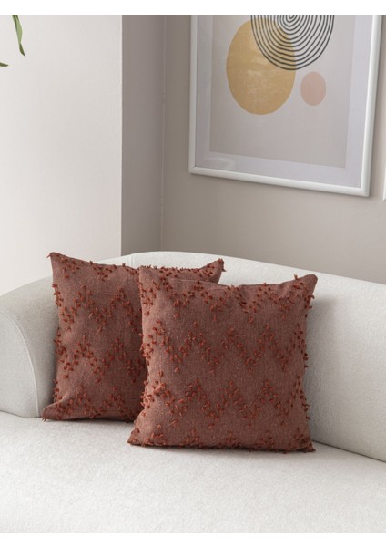 2'li Set Zigzag Desen Bohem Punch Dokuma Kırlent Kılıfı Kiremit