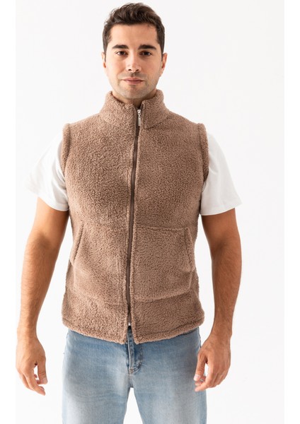 Erkek Açık Kahve Yaka Kolsuz Astarsız Fermuarlı Peluş Yelek