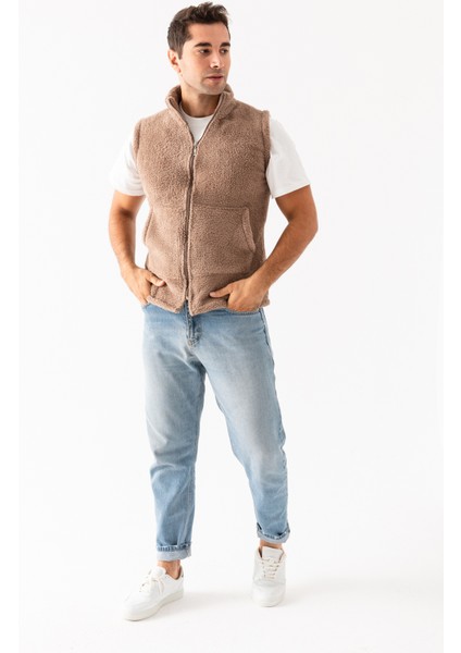 Erkek Açık Kahve Yaka Kolsuz Astarsız Fermuarlı Peluş Yelek fiyatları