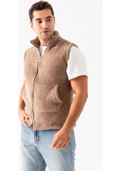 Erkek Açık Kahve Yaka Kolsuz Astarsız Fermuarlı Peluş Yelek modelleri