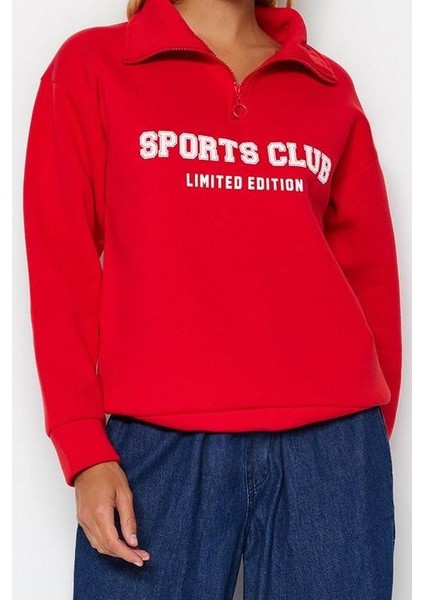 Kadın Bol Fermuarlı Yaka Düşük Kol Uzun Normal Kalıp Sloganlı Fermuarlı Kalın Içi Polarlı Sweatshirt fırsatları