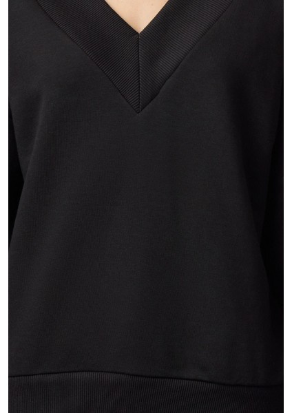 Kadın Moda Şık Bol V Yaka Düşük Kol Uzun Geniş Kalıp Kalın V Yaka Örme Sweatshirt
