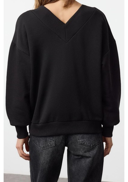 Kadın Moda Şık Bol V Yaka Düşük Kol Uzun Geniş Kalıp Kalın V Yaka Örme Sweatshirt