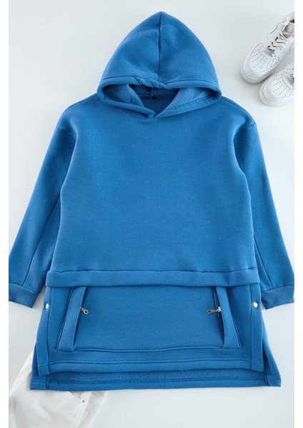 Kadın Tesettür Moda Şık Regular Kapüşonlu Düşük Kol Uzun Cep Detaylı Örme Sweatshirt