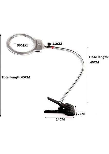 2.5 x 90 mm 5 x 24 mm Büyüteç Mandallı Metal Hortumlu Masa Üstü Büyüteç