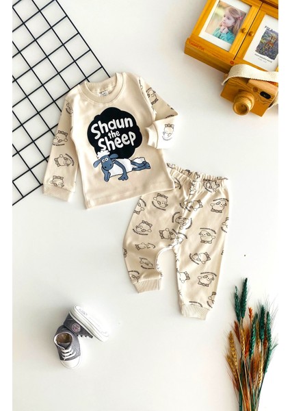 Neşeli Bebekler Baby Koyun Shaun Annesinin Kuzusu Baskılı Pijama Takım Bej