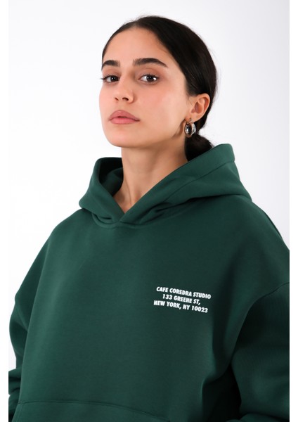 Cafe Relaxed Fit Hoodie Kadın - Yeşil
