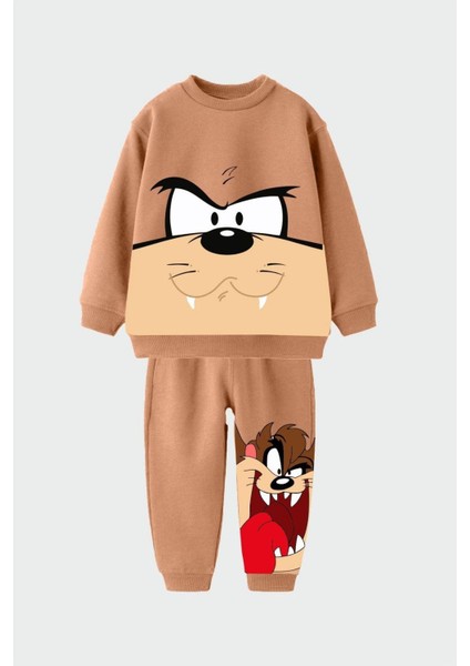 Erkek Çocuk Tazmanya Desenli 3 Iplik Kışlık Pamuklu Sweatshirt Eşofman Alt-Üst Takım