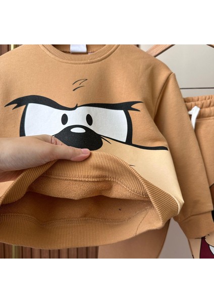 Erkek Çocuk Tazmanya Desenli 3 Iplik Kışlık Pamuklu Sweatshirt Eşofman Alt-Üst Takım