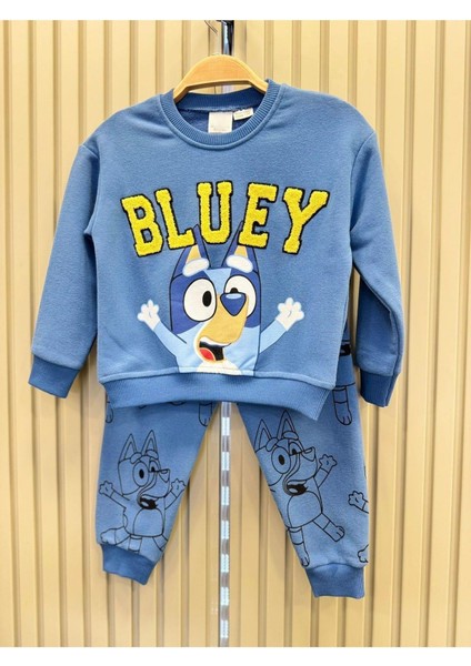 Unisex Çocuk Mavi Işlemeli Bluey Desenli Pamuklu Sweatshirt Eşofman Alt-Üst Takım