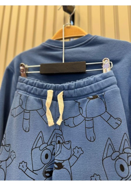 Unisex Çocuk Mavi Işlemeli Bluey Desenli Pamuklu Sweatshirt Eşofman Alt-Üst Takım