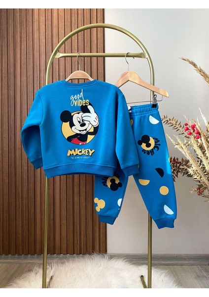 Unisex Çocuk Mickey Mouse Desenli Kışlık 3 Iplik Pamuklu Sweatshirt Eşofman Alt-Üst Takım