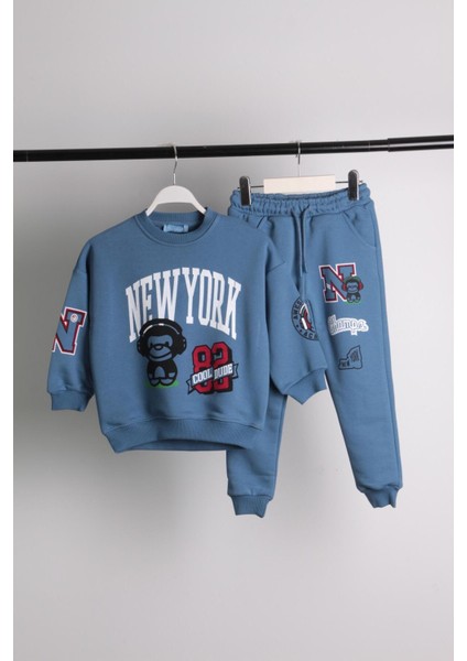 Erkek Çocuk Mavi New York Desenli Kışlık 3 Iplik Pamuklu Kapüşonlu Sweatshirt Eşofman Alt-Üst Takım