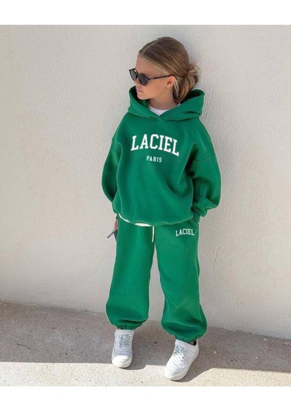 Unisex Çocuk Yeşil Sloganlı Kışlık Pamuklu Kapüşonlu Sweatshirt Eşofman Tayt Alt-Üst Takım