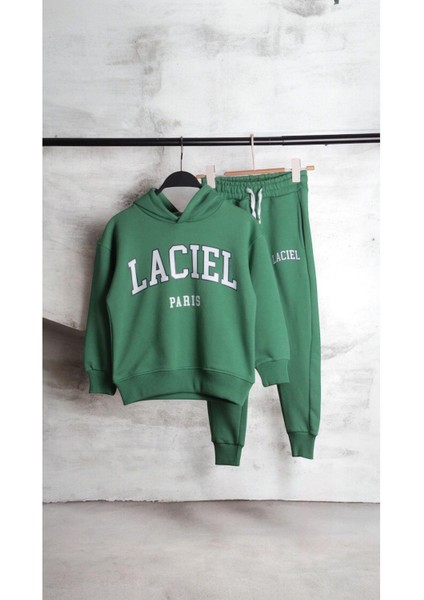 Unisex Çocuk Yeşil Sloganlı Kışlık Pamuklu Kapüşonlu Sweatshirt Eşofman Tayt Alt-Üst Takım