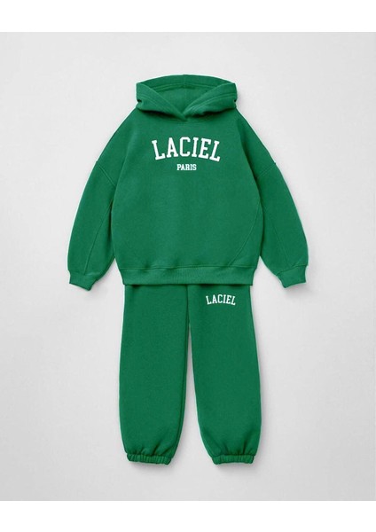 Unisex Çocuk Yeşil Sloganlı Kışlık Pamuklu Kapüşonlu Sweatshirt Eşofman Tayt Alt-Üst Takım