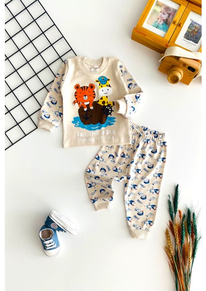 Neşeli Bebekler Baby Sevimli Denizciler Baskılı Pijama Takım Bej