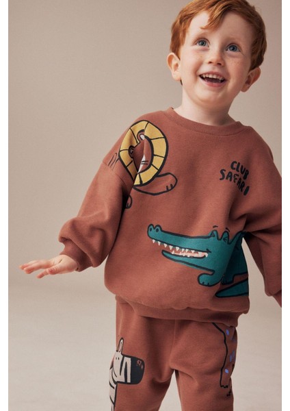 Erkek Çocuk Kahverengi Hayvan Desenli Kışlık 3 Iplik Pamuklu Sweatshirt Eşofman Alt-Üst Takım fiyatları