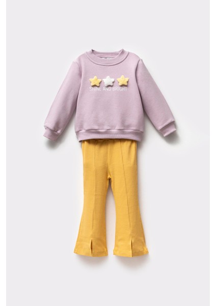 Kız Çocuk Kışlık 3 Iplik Yıldız Desenli Pamuklu Sweatshirt Tayt Alt-Üst Takım
