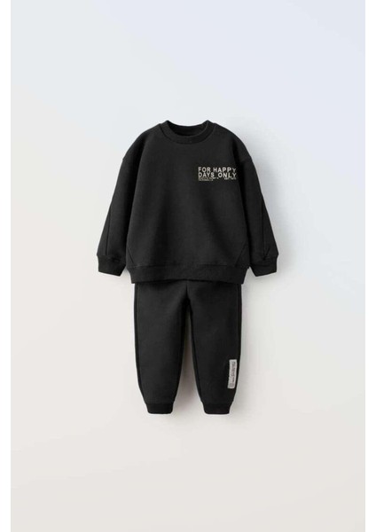 Erkek Çocuk Siyah Sloganlı Pamuklu Sweatshirt Jogger Eşofman Alt-Üst Takım