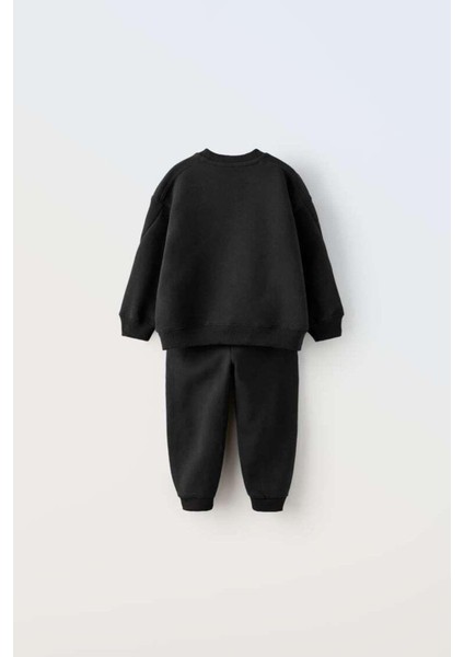 Erkek Çocuk Siyah Sloganlı Pamuklu Sweatshirt Jogger Eşofman Alt-Üst Takım fırsatları