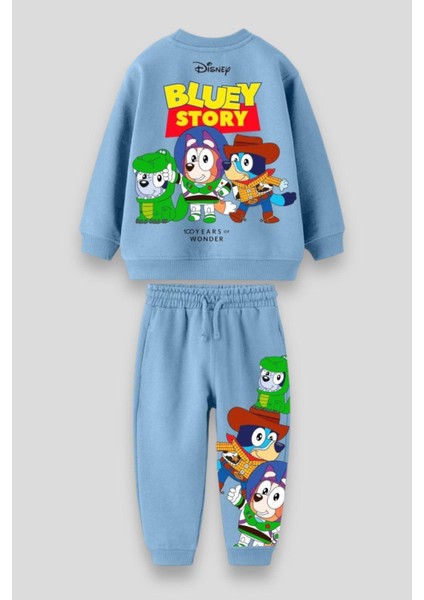 Unisex Çocuk Mavi Bluey Toy Stoyry Desenli Kışlık 3 Iplik Pamuklu Sweatshirt Eşofman Alt-Üst Takım