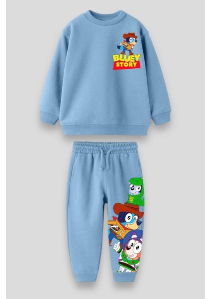 Unisex Çocuk Mavi Bluey Toy Stoyry Desenli Kışlık 3 Iplik Pamuklu Sweatshirt Eşofman Alt-Üst Takım