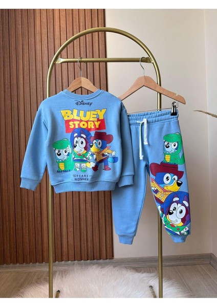 Unisex Çocuk Mavi Bluey Toy Stoyry Desenli Kışlık 3 Iplik Pamuklu Sweatshirt Eşofman Alt-Üst Takım