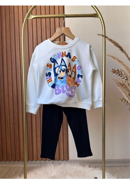 Kız Çocuk Beyaz Bluey Desenli Kışlık 3 Iplik Pamuklu Sweatshirt Tayt Alt-Üst Takım