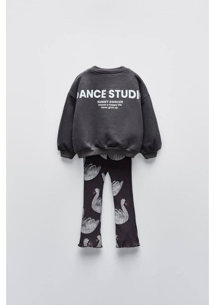 Kız Çocuk Siyah Kuğu Desenli Kışlık 3 Iplik Pamuklu Sweatshirt Tayt Alt-Üst Takım fiyatları