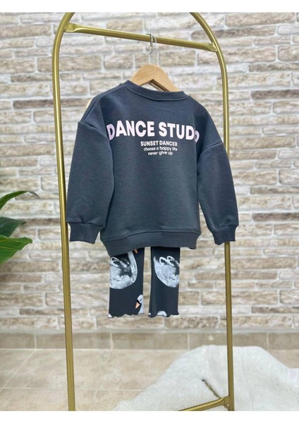 Kız Çocuk Siyah Kuğu Desenli Kışlık 3 Iplik Pamuklu Sweatshirt Tayt Alt-Üst Takım modelleri