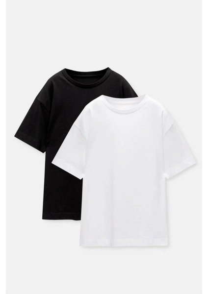 Kadın 2'li Paket Siyah-Beyaz Basic Pamuk Bisiklet Yaka Tişört fırsatları