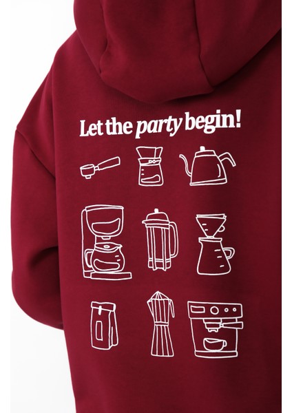 Coffee Party Relaxed Fit Hoodie Kadın - Bordo