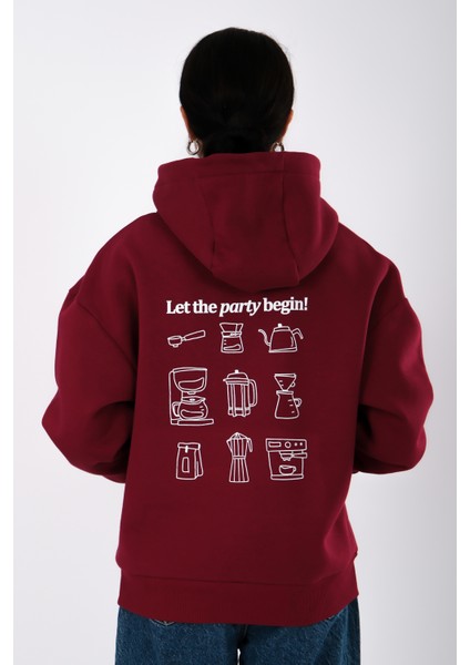 Coffee Party Relaxed Fit Hoodie Kadın - Bordo fiyatları