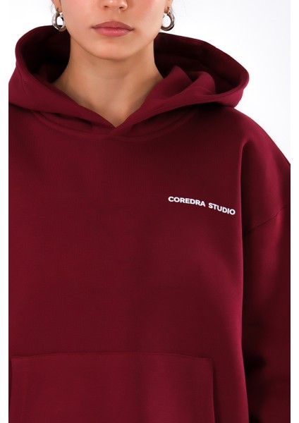 Coffee Party Relaxed Fit Hoodie Kadın - Bordo modelleri