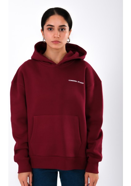 Coffee Party Relaxed Fit Hoodie Kadın - Bordo fırsatları