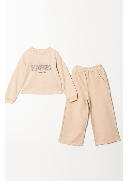 Kız Çocuk Çiçek Desenli Pamuklu Sweatshirt Ispanyol Eşofman Alt-Üst Takım
