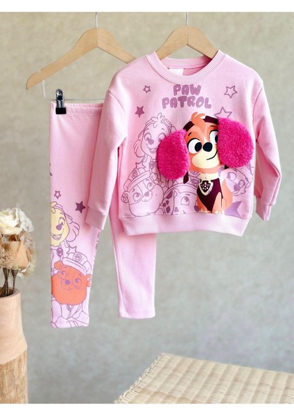 Kız Çocuk Pembe Paw Petrol Desenli Kışlık 3 Iplik Pamuklu Sweatshirt Tayt Alt-Üst Takım