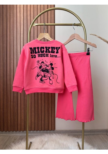 Kız Çocuk Minni Mouse Desenli Kışlık 3 Iplik Pamuklu Sweatshirt Ispanyol Tayt Alt-Üst Takım