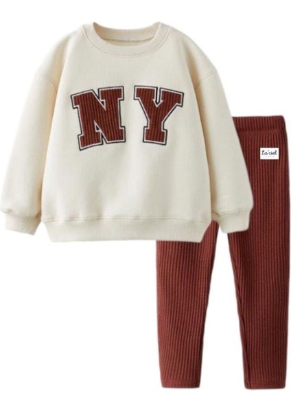 Kız Çocuk New York Desenli Kışlık Pamuklu Sweatshirt Tayt Alt-Üst Takım